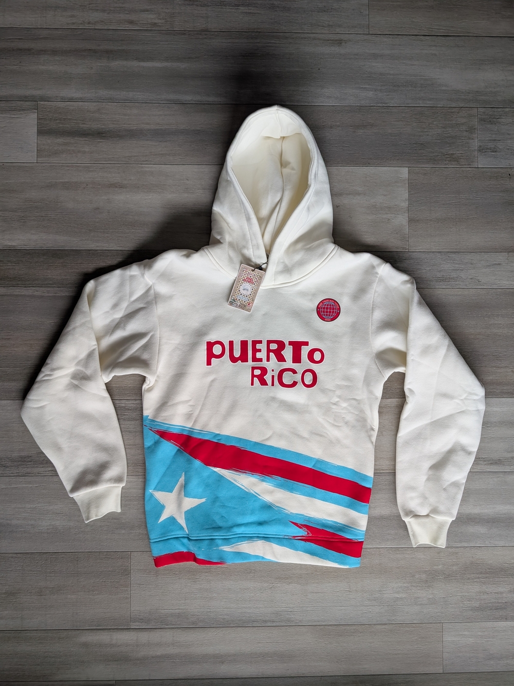 White Puerto Rico Graphic Hoodie with Red & Blue Accents Men's Small